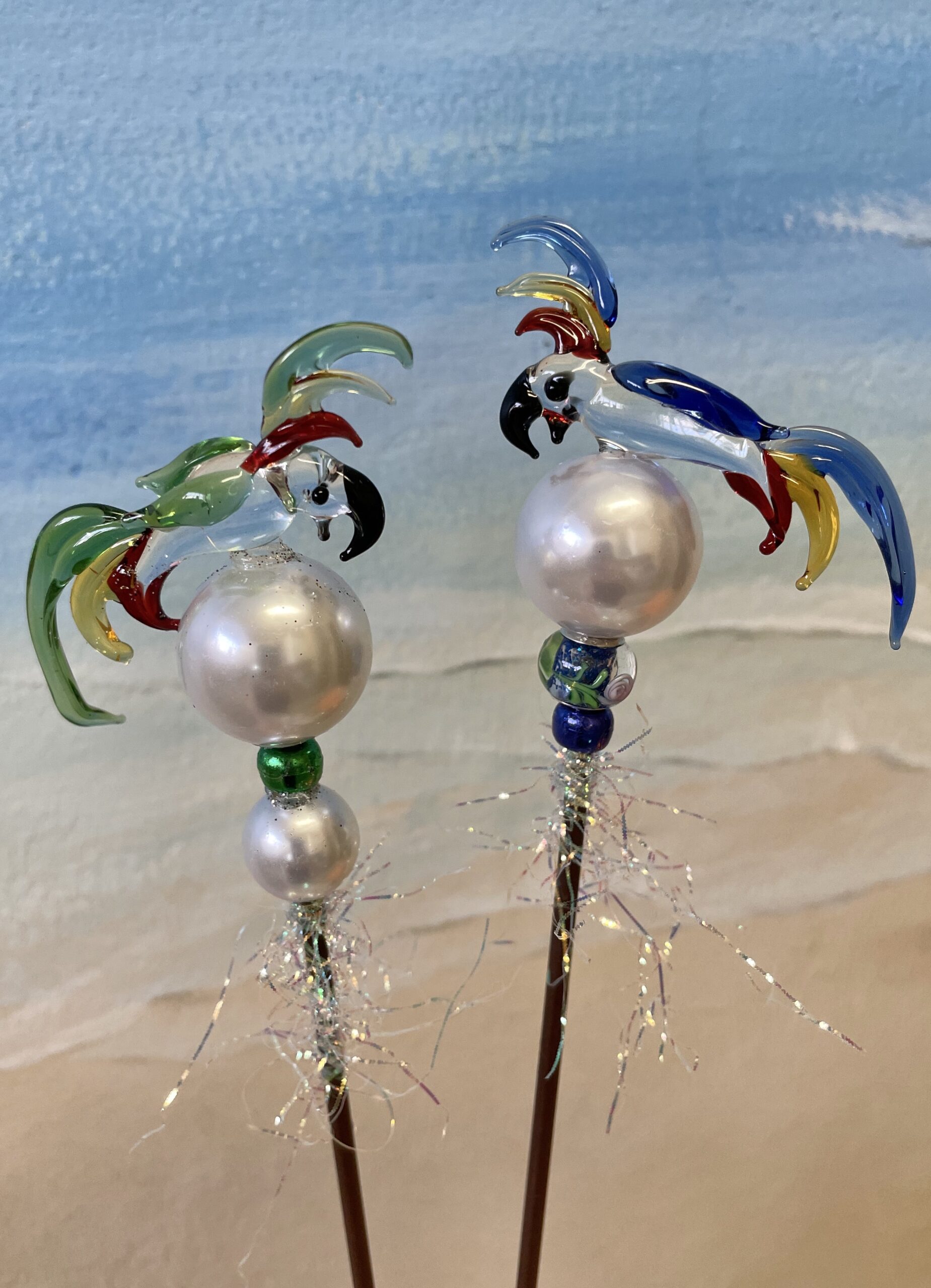 handblown glass parrots stake